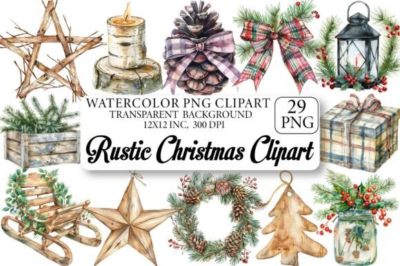 Download Watercolor Rustic Christmas Clipart - Premium Bundle
